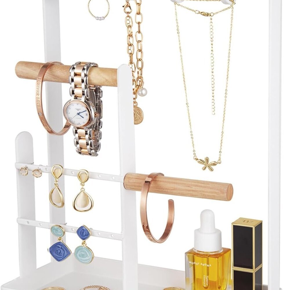 Jewelry Stand Holder Organizer, 4-Tier Necklace Holder with Ring Tray, 10 Hooks